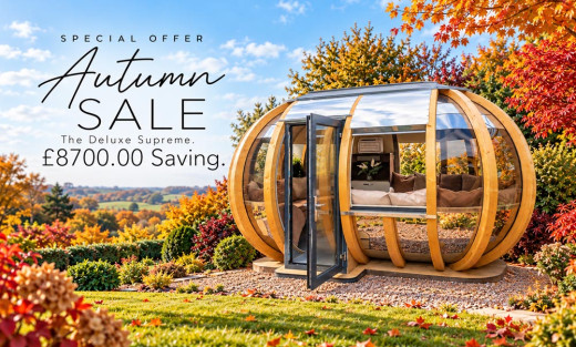 Ornate Garden Deluxe Supreme pod with an open glazed door and cushioned seating