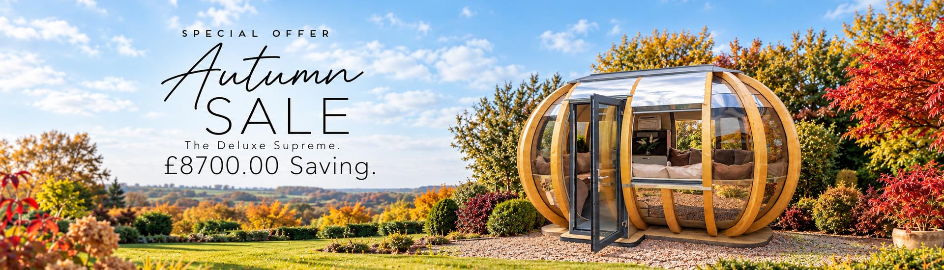 Deluxe Supreme garden pod in an autumn garden. Autumn Sale: save £8,700