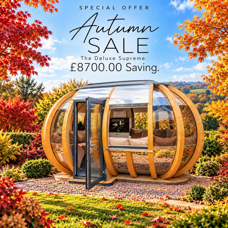 Deluxe Supreme garden pod in an autumn garden. Autumn Sale: save £8,700